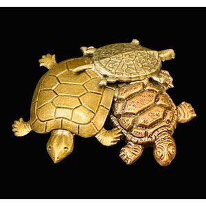 Vintage K&T Signed Gold & Bronze Triple Turtle Pin Brooch Animal -141